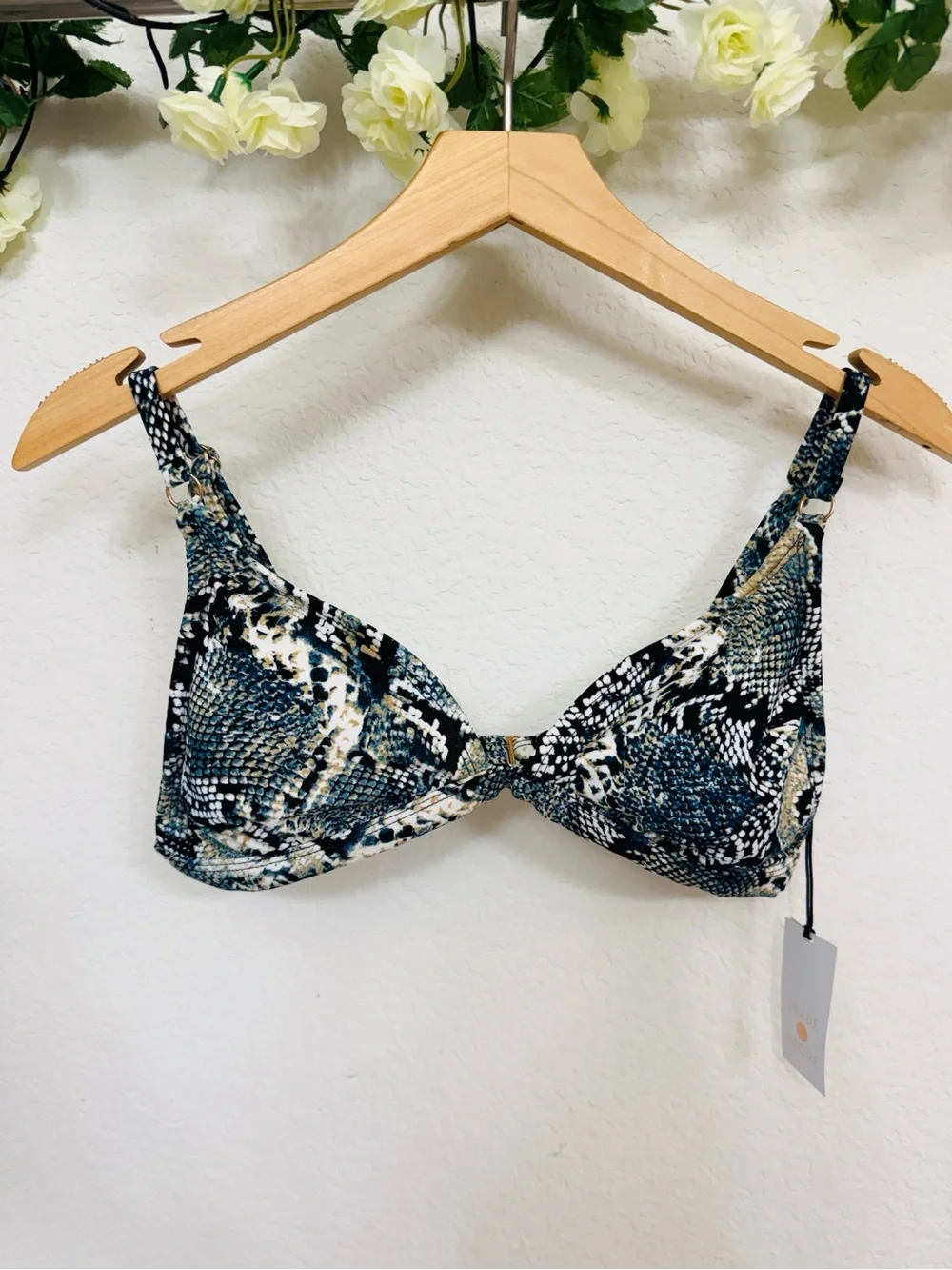 Shade & Shore • Snake Print Triangle Bikini Swim Top in Black, White & Blue